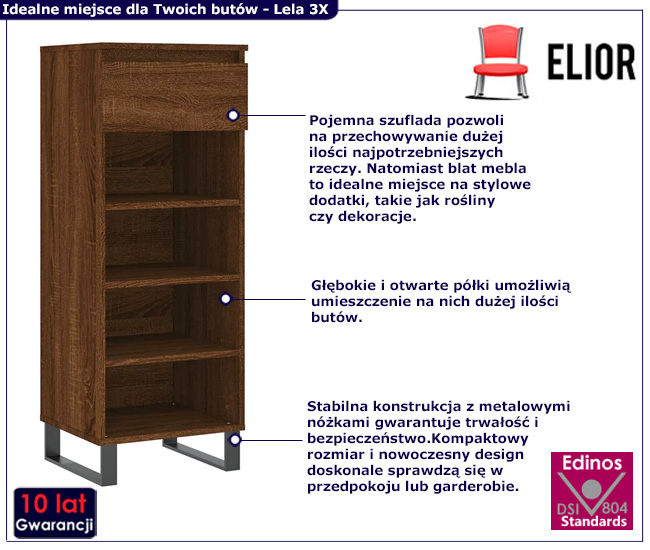 stabilna szafka na buty z szufladą lela 3X brazowy dab
