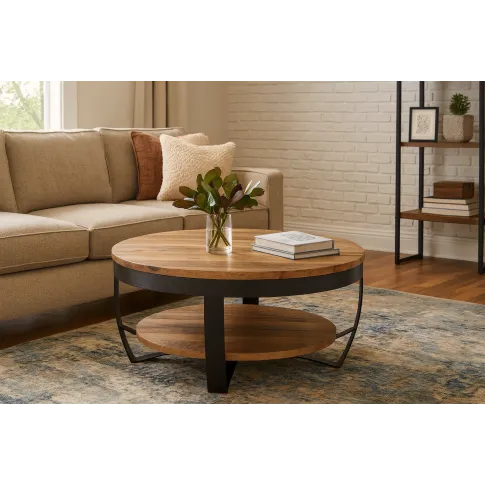 Okrągły stolik kawowy z drewnianym blatem   Paresa