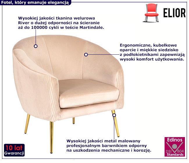 Beżowy welurowy fotel kubełkowy Ulmo