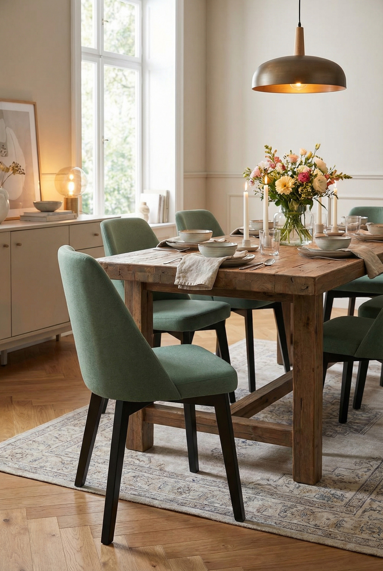 Aranżacja jadalni z zielonym krzesłam drewnianym tapicerowanym Bentrix 3X