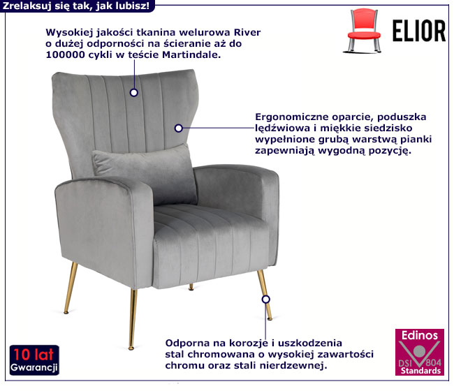 Szary welurowy fotel uszak do salonu Hen