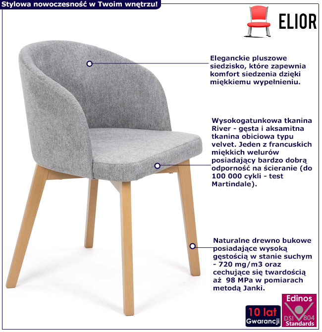 Szare krzesło pluszowe Bentrix 7X dąb artisan