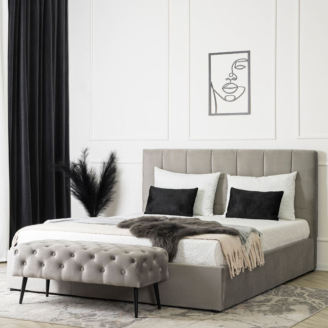 Szare welurowe łóżko z pikowanym zagłówkiem 160x200 Edi