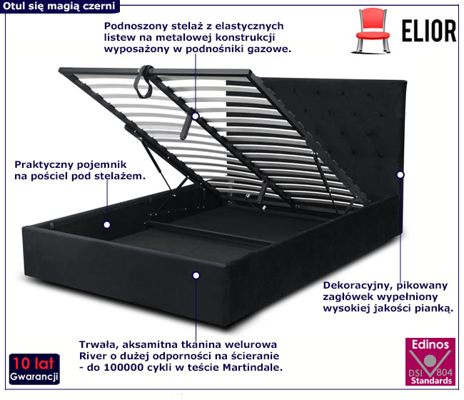 Czarne łóżko welurowe z zagłówkiem Zenvio