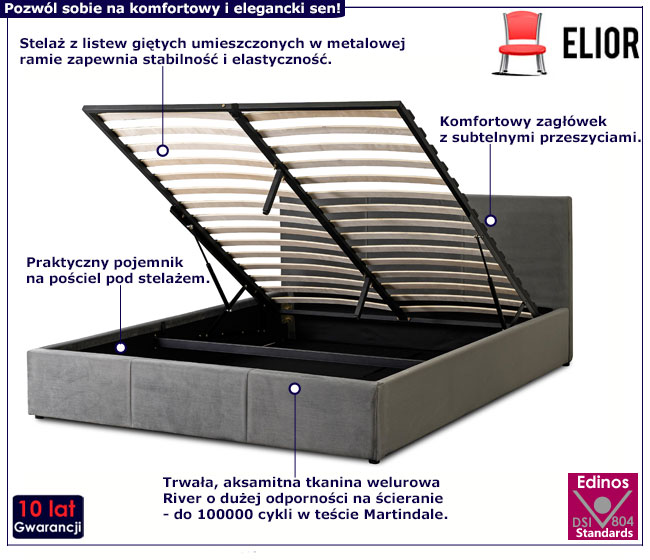 Szare łóżko welurowe z zagłówkiem 160x200 Carlotta