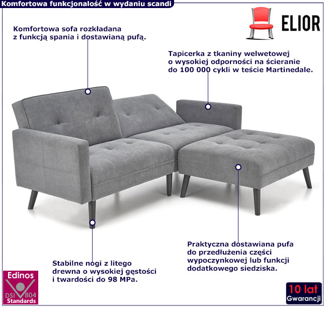 popielata sofa narożna z podnóżkiem Leris