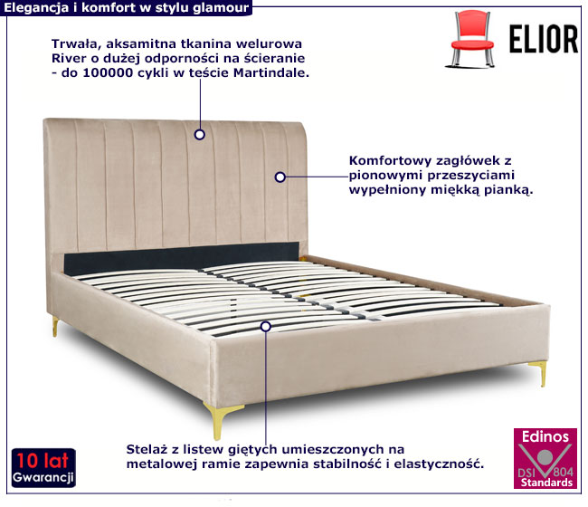 Beżowe łóżko welurowe z zagłówkiem 160x200 Frida