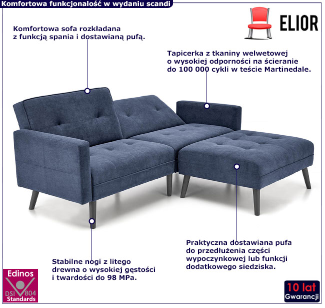 granatowa sofa narożna z podnóżkiem Cavani