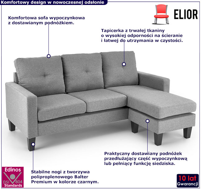 popielata sofa z podnóżkiem Sagal