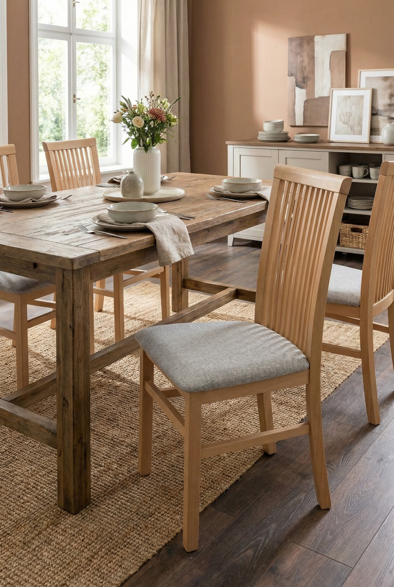 Aranżacja jadalni z drewnianym krzesłem tapicerowanym Kensa 4X artisan szary