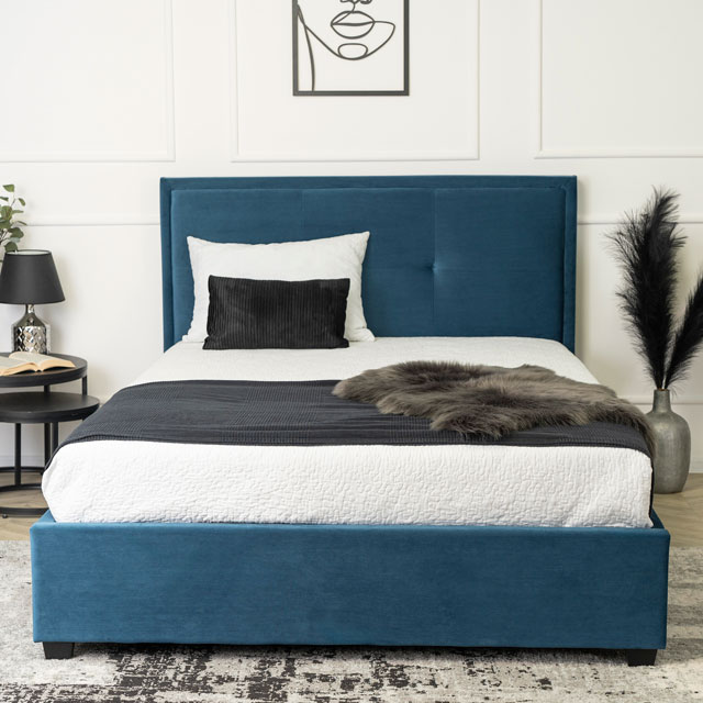 Granatowe welurowe łóżko z zagłówkiem 140x200 Lulox