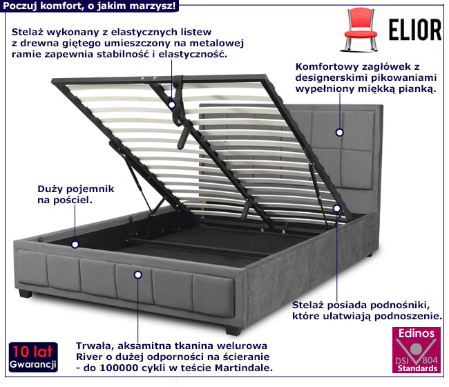 Szare pikowane łóżko welurowe z zagłówkiem 140x200 Ordoni