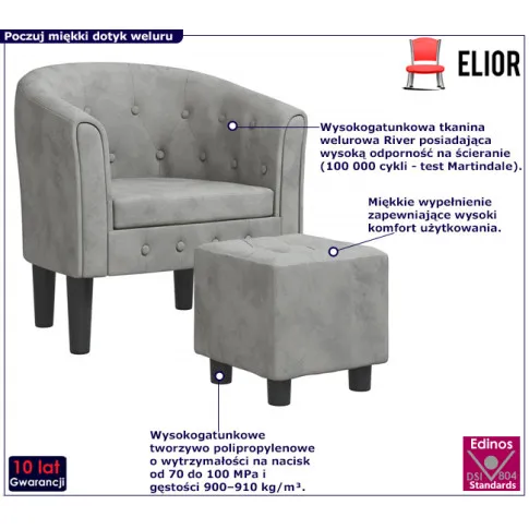 Jasnoszary fotel tapicerowany z podnozkiem  Emprix