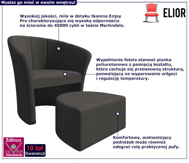 Grafitowy fotel z podnóżkiem do salonu Mesa