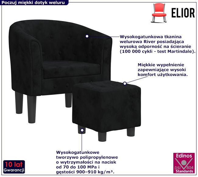 Czarny tapicerowany welurem fotel Cypria