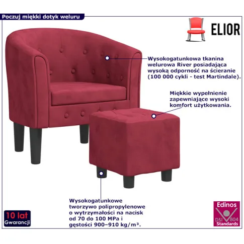 Czerwony pikowany fotel z podnóżkiem Emprix