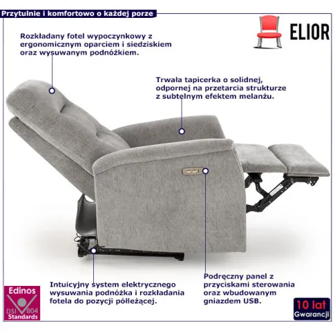 fotel popielaty z funkcją rozkładani elektrycznego Lazard