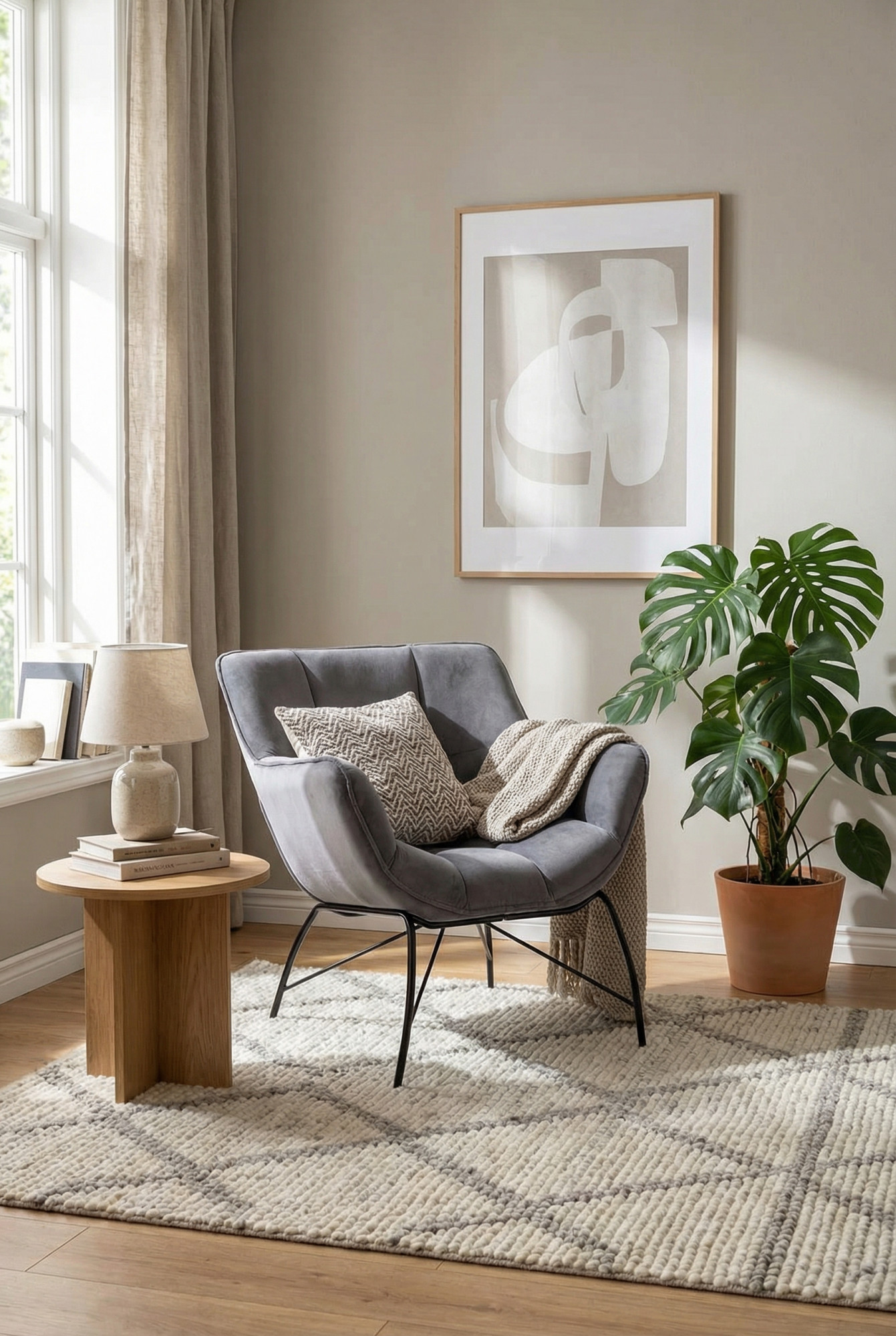 Salon z wykorzystaniem szarego fotela welurowego Voxo