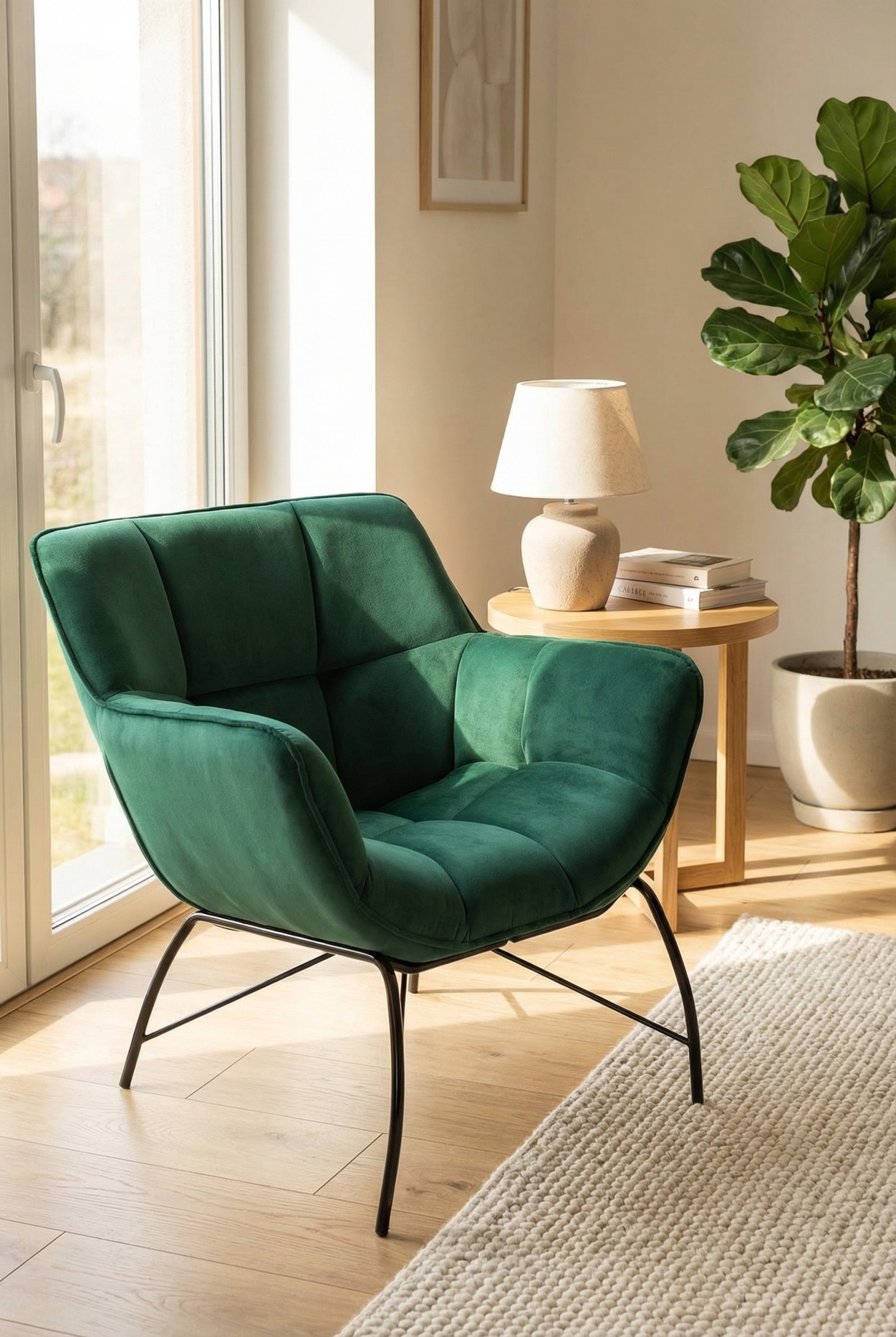 Zielony fotel Voxo w nowoczesnym salonie