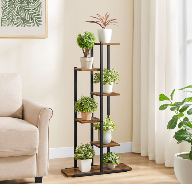 Salon z regałem na kwiaty Diveros dąb rustykalny + czarny