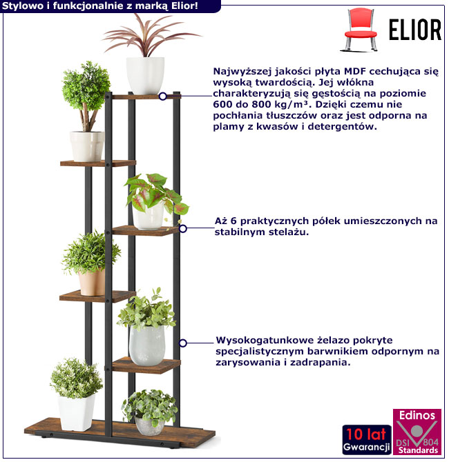 Industrialny stojak na kwiaty Diveros dąb rustykalny + czarny