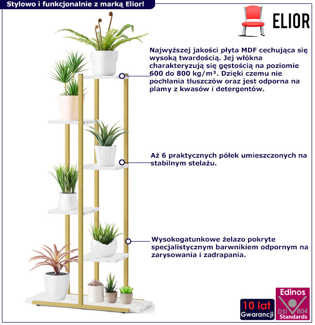 Nowoczesny regał na kwiaty z 6 półkami Diveros marmurowy + złoty