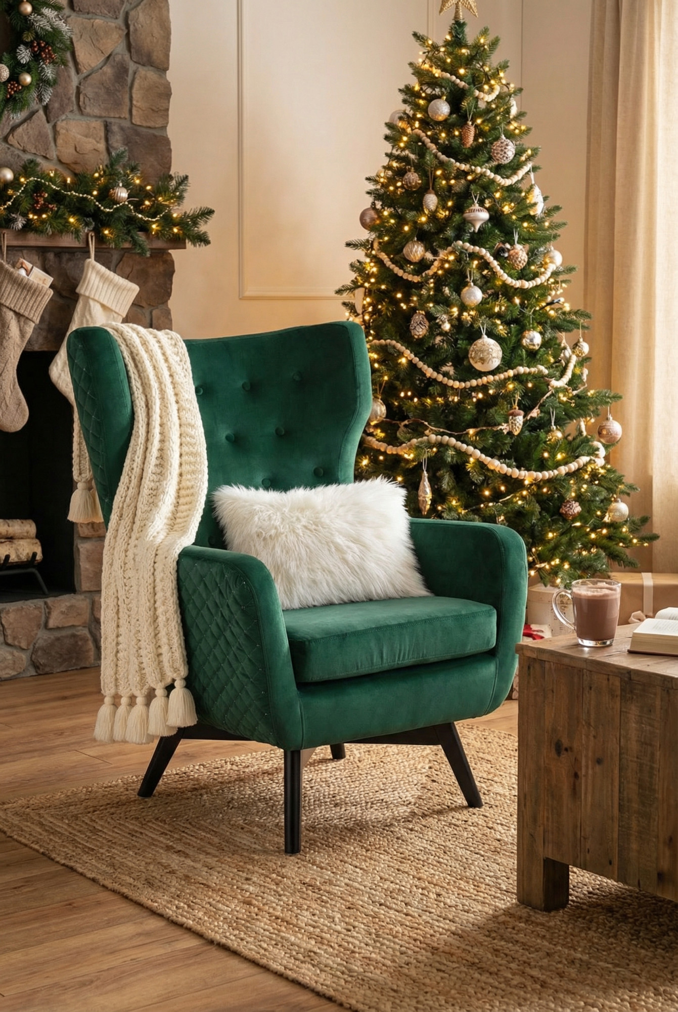 Aranżacja wnętrza z zielonym welurowym fotelem pikowanym Retero