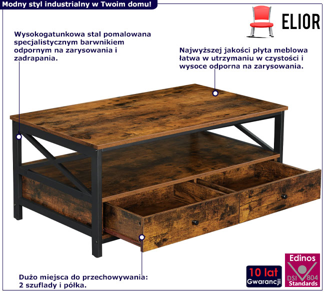 Prostokątna ława kawowa z szufladami w stylu loft Aurelo