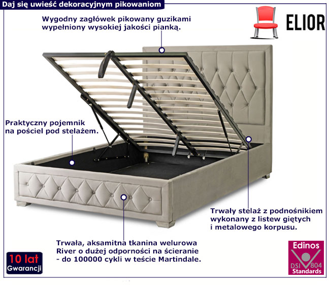 Szare pikowane łóżko welurowe z zagłówkiem 140x200 Renoba