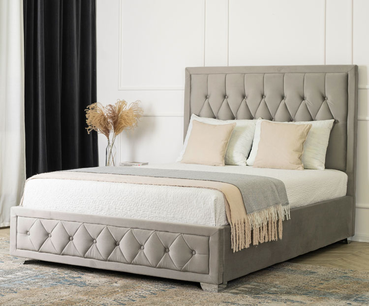 Szare welurowe łóżko pikowane z zagłówkiem 140x200 Renoba