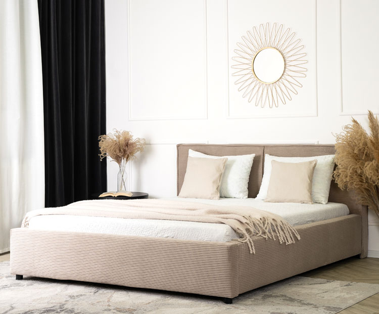 Beżowe łóżko z zagłówkiem tapicerowane sztruksem 160x200 Marnia