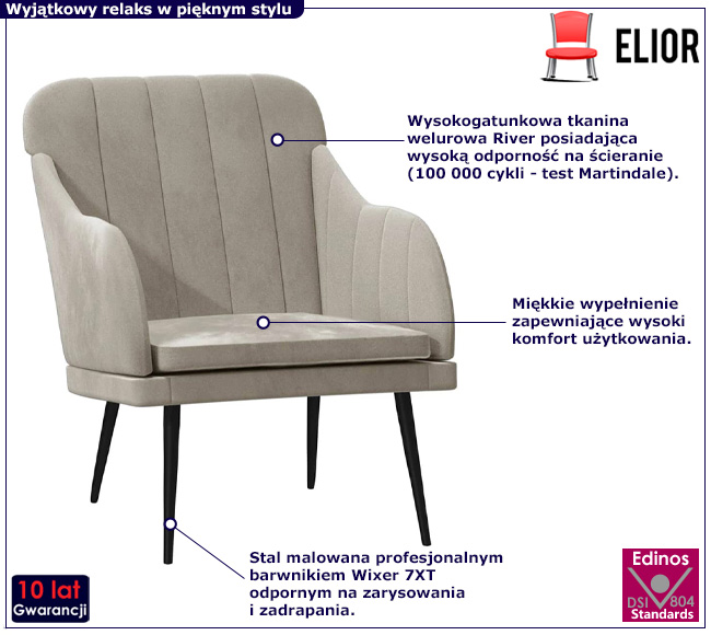 Jasnoszary tapicerowany welurem fotel Ozzy