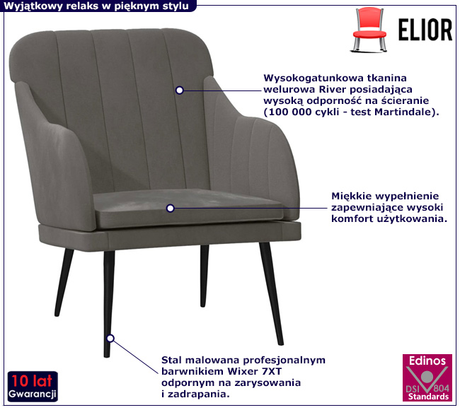 Ciemnoszary tapicerowany welurem fotel Ozzy