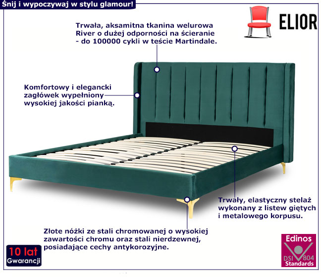 Zielone łóżko glamour z zagłówkiem 160x200 Eblo