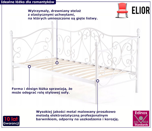 Białe metalowe łóżko jednoosobowe 90x200 Kago