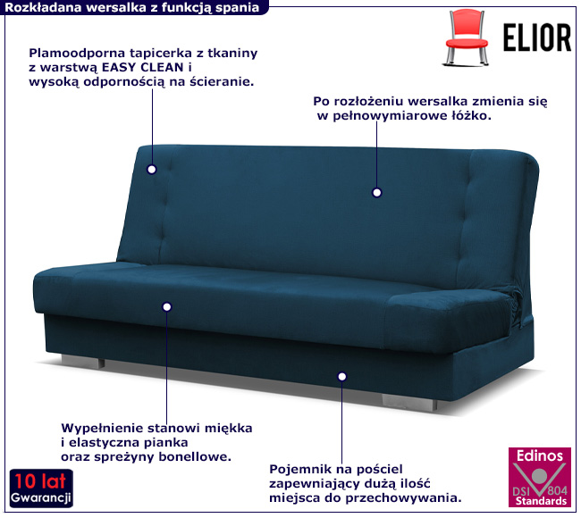 Niebieska rozkładana wersalka Anos