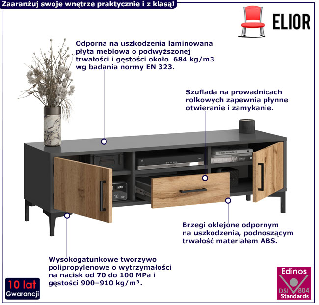 Szafka pod telewizor z półkami i szufladą antracyt+wotan Erlos 5X