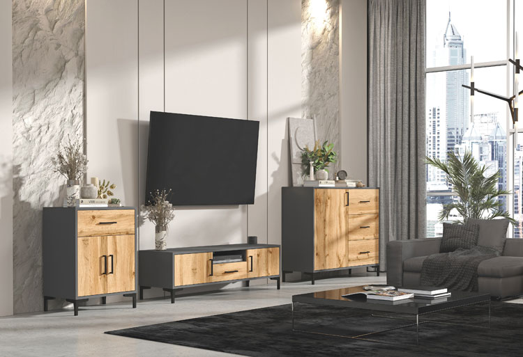 Szafka rtv 140 cm do salonu antracyt+dąb wotan Erlos 5X