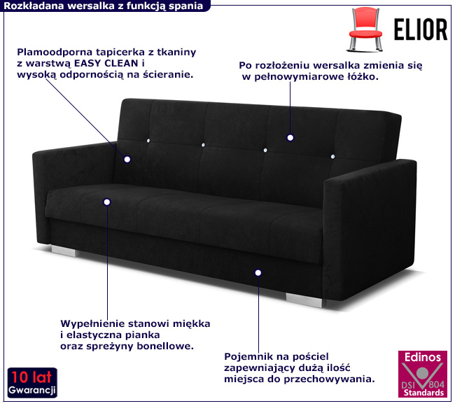 Czarna rozkładana wersalka pikowana Rixi