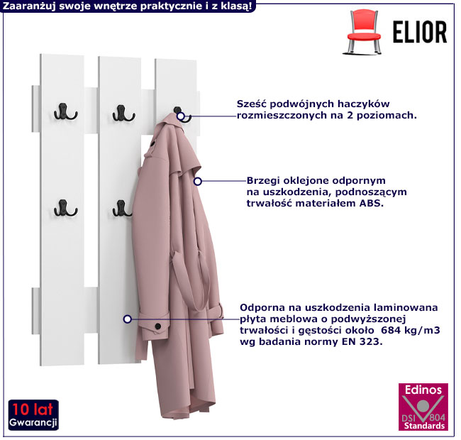 Biały wieszak ścienny do przedpokoju Erlos 8X
