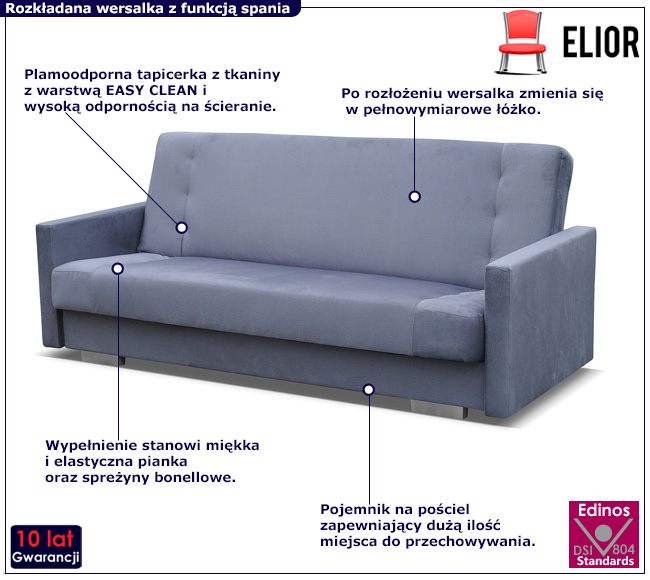 Ciemnoszara rozkładana wersalka pikowana Rubenso