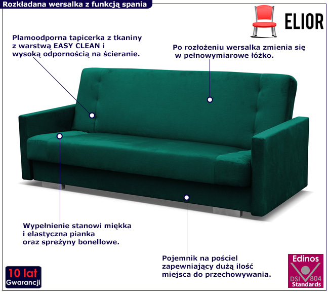 Ciemnozielona rozkładana wersalka pikowana Rubenso