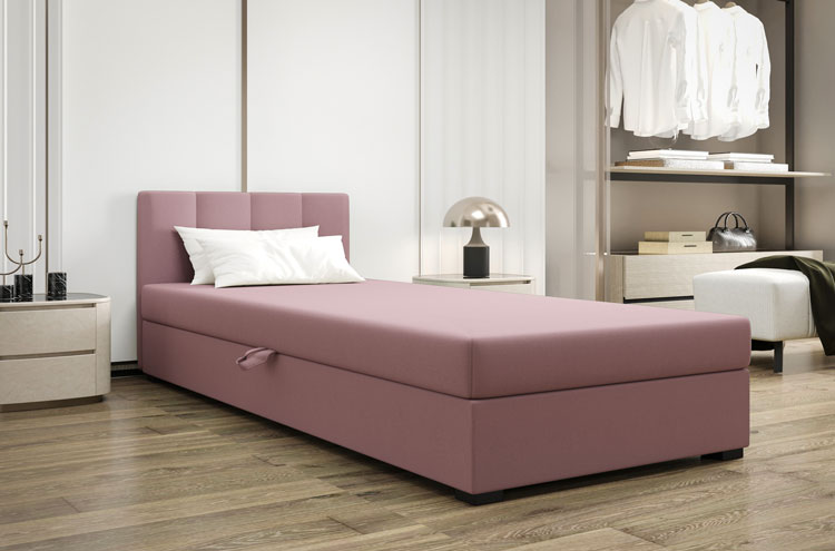 Różowy tapczan z pojemnikiem na pościel Lesi 7X w nowoczesnej sypialni