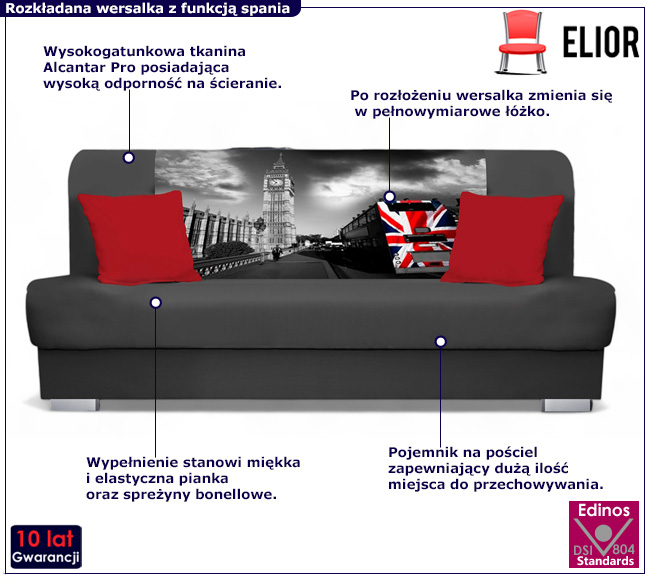 Szaro czerwona wersalka z motywem londynu Piovia 6X