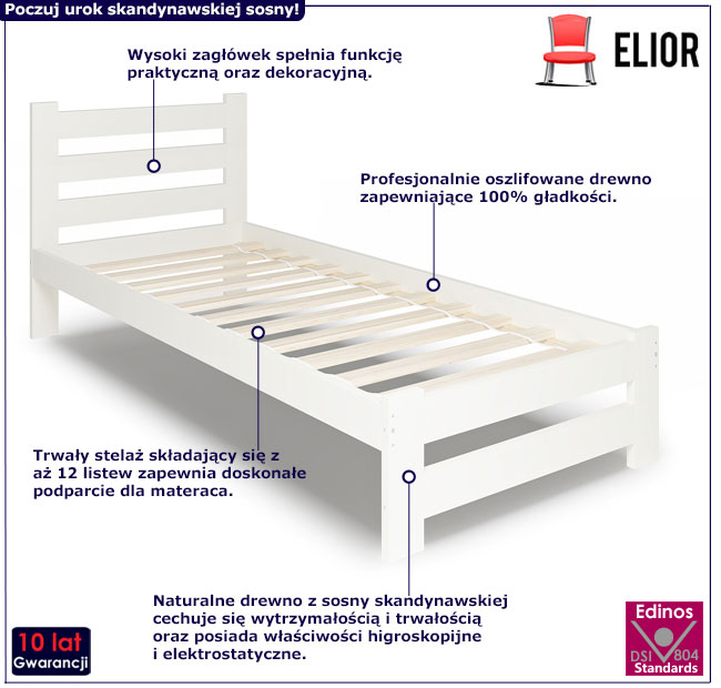 Skandynawskie białe jednoosobowe łóżko 100x200 Andora 3X