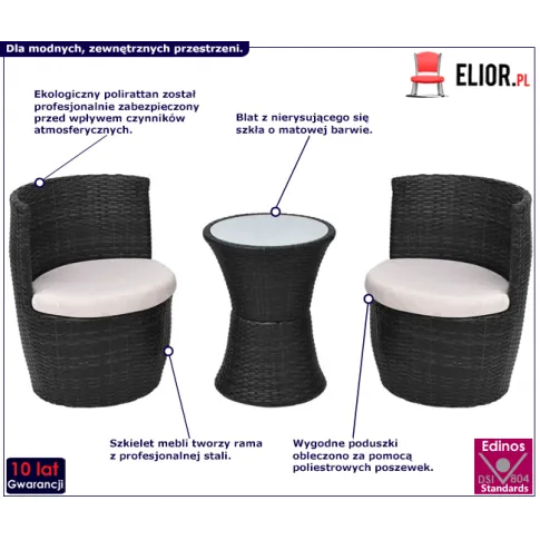 Zestaw czarnych mebli ogrodowych Ladam infografika