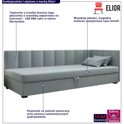 Narożny tapczan młodzieżowy z pojemnikiem na pościel Tuwini