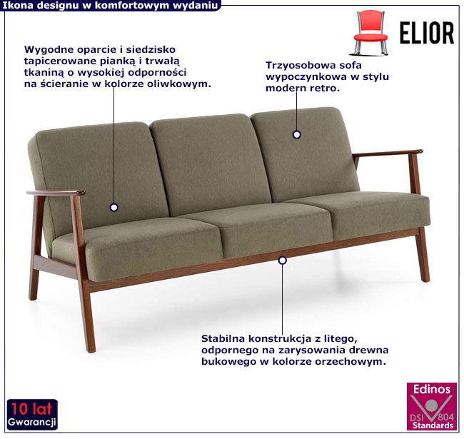 Oliwkowa tapicerowana sofa retro Alexander 5X