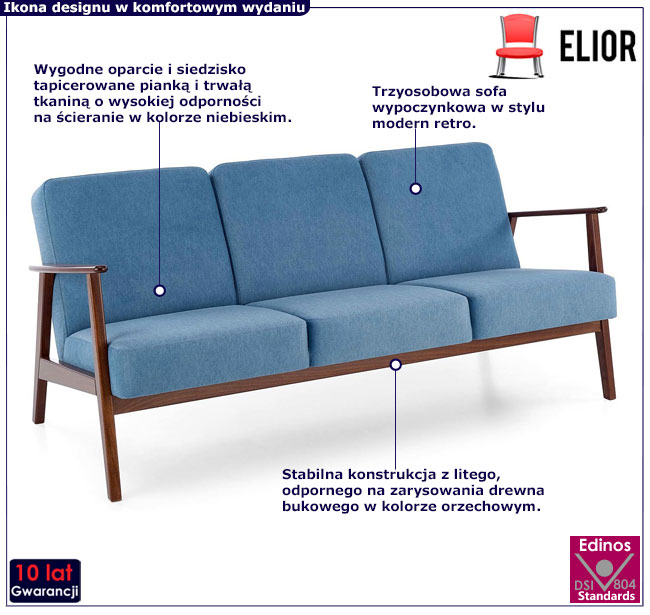 Niebieska tapicerowana sofa retro Alexander 5X