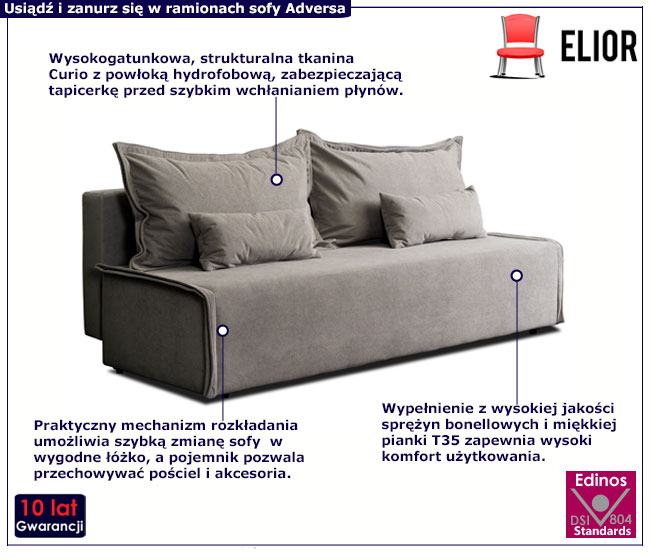 Szara sofa rozkładana z pojemnikiem Etro